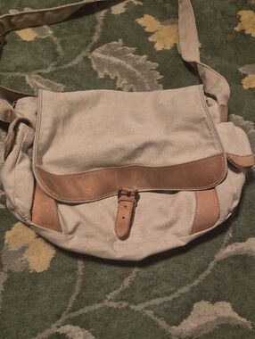 L.L. Bean Canvas Messenger Bag in Cream with Tan Leather Trim